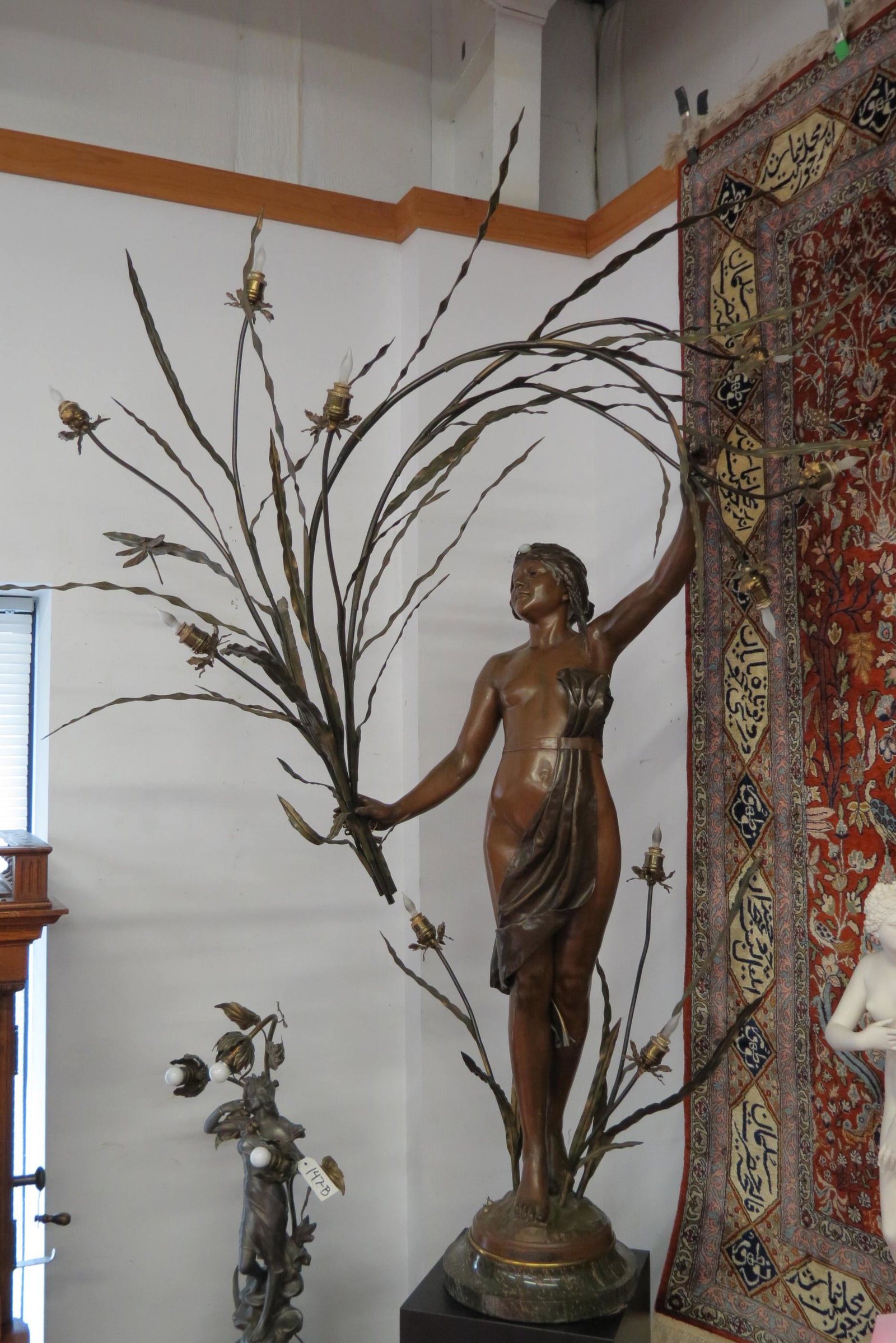 Rare Art Nouveau Lady Newel Post Lamp 72" tall,: Nuphar, semi-nude female holding flowers, dragonfly among, 7 lights, bronzed, marble base, circa 1890, the largest one we can find on record, quite impressive!....Newel Post Lights Also known as Pilla