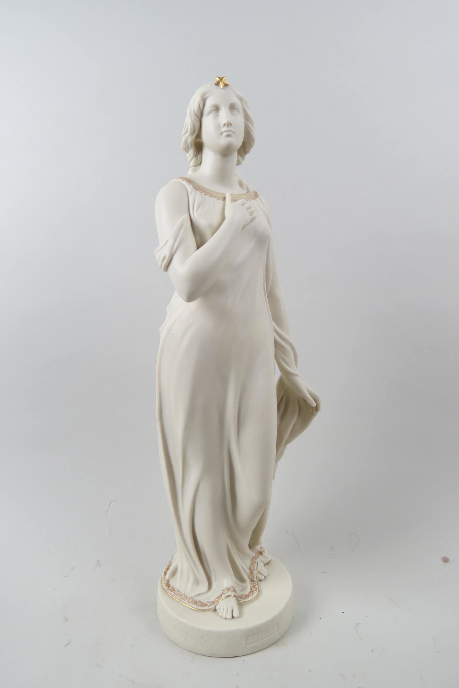 Copeland Parian Figurine of Beatrice,: by Edgar Papworth, March 1, 1860, classical style figure with gilt star on head and exquisite gilt and red trim on gown, 22" tall, excellent.