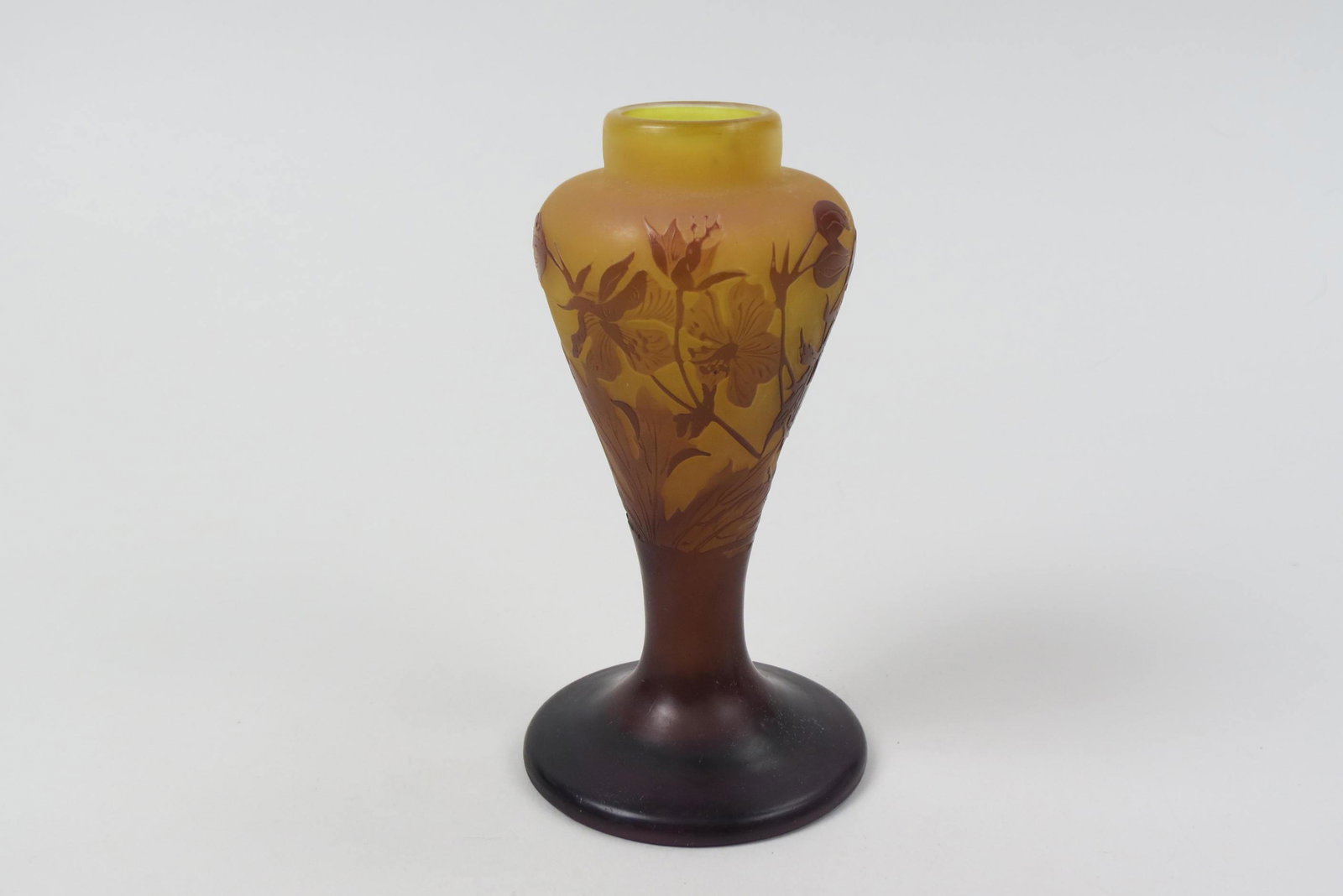 Galle French Cameo Art Glass Vase,: brown floral on yellow satin, 6" tall, signed, excellent.