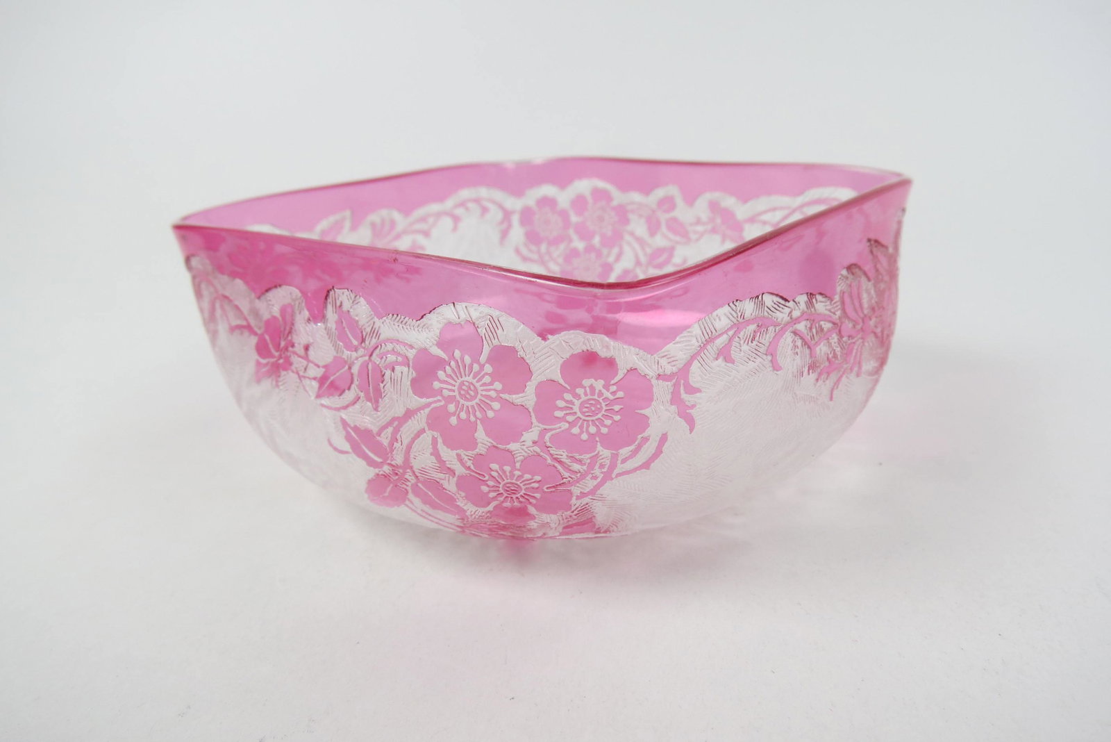 French Cameo Art Glass Bowl by Baccarat: or Val St. Lambert, cranberry floral on overall textured leaf design, 4 1/2" across, excellent.