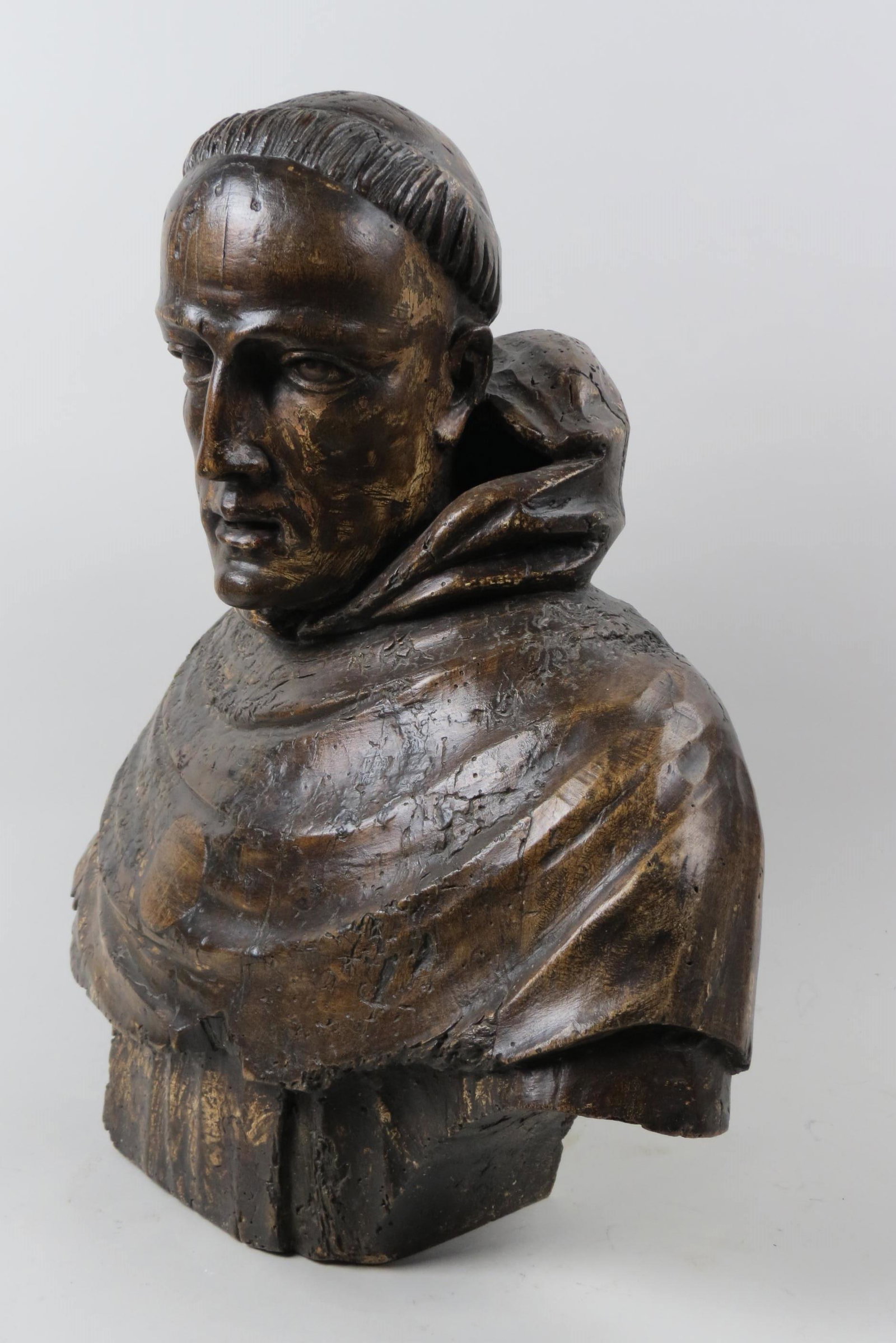 Early Carved Bust of Dominican Friar,: possibly 18th century, 20" tall, 20" wide, some repair.