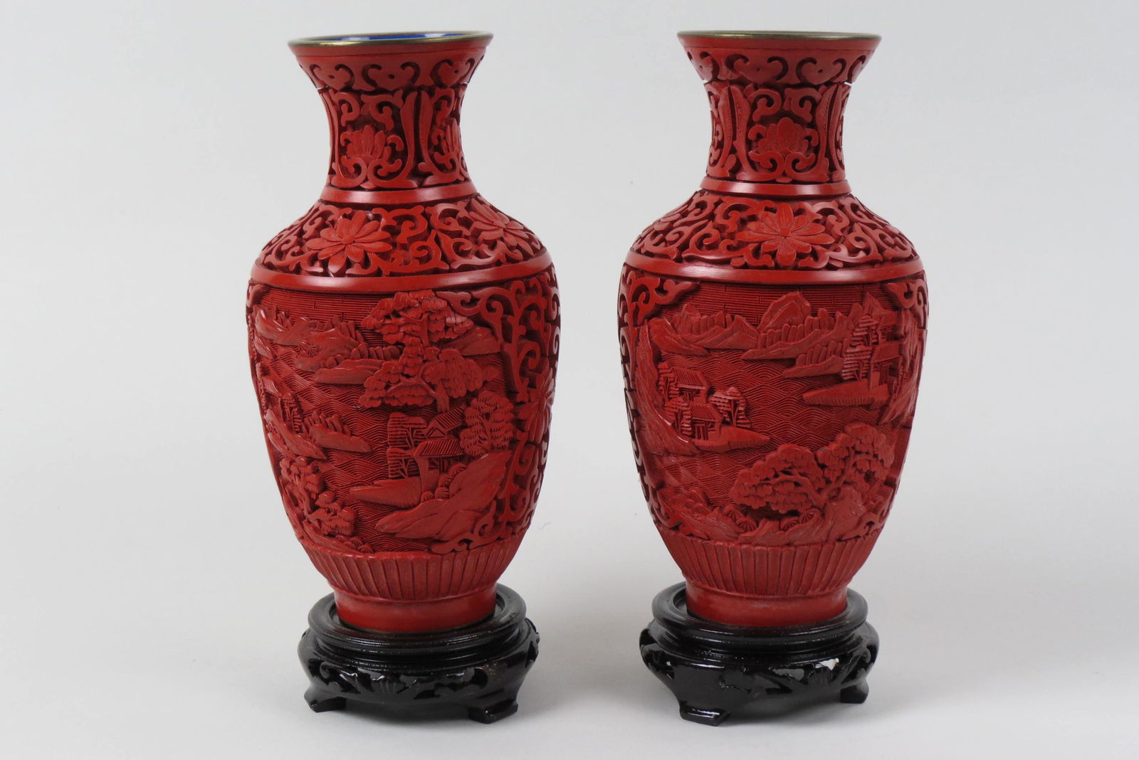 Pair of Chinese Carved Cinnabar Vases, (1 of 5)