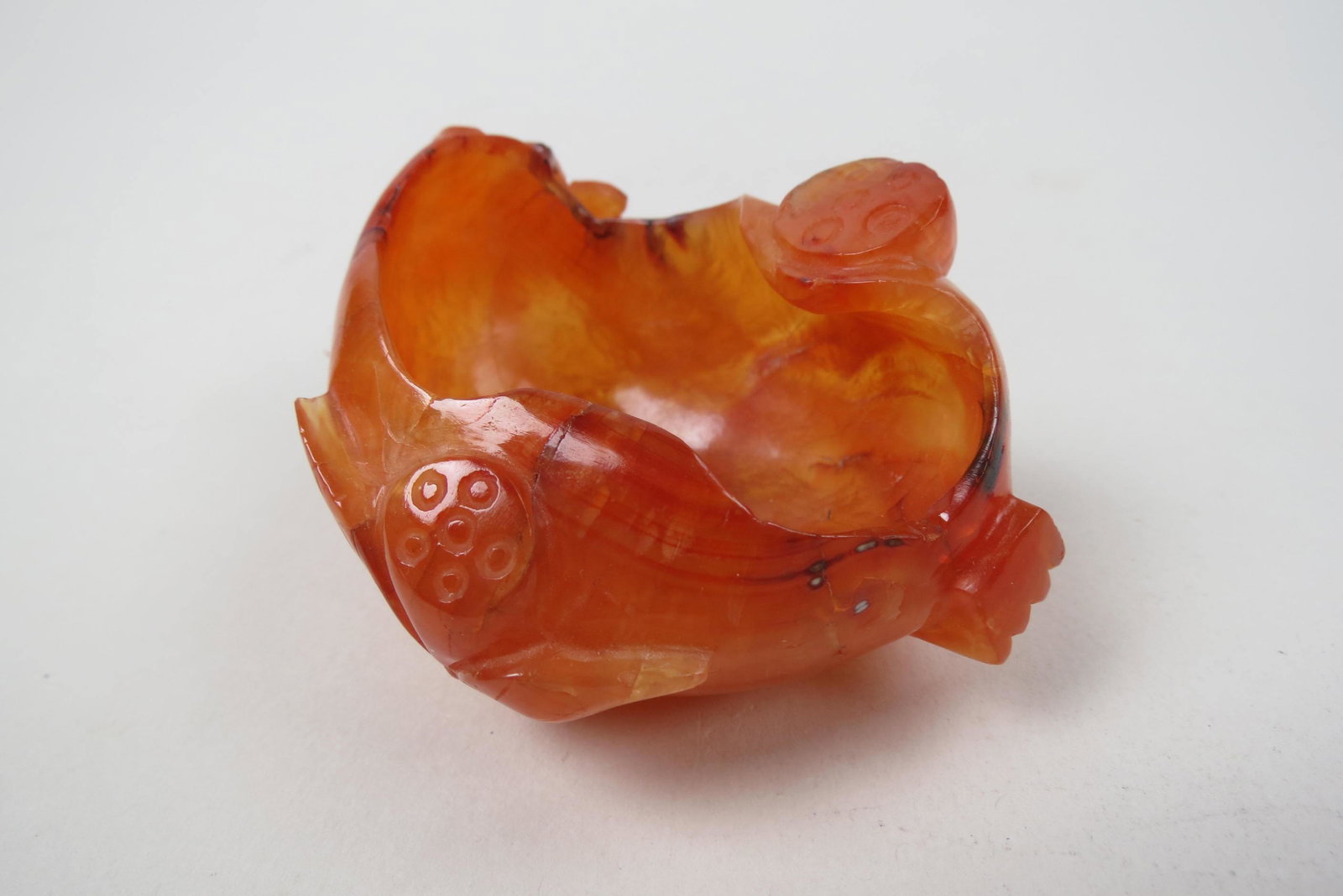 Chinese Carved Carnelain Waterlily Brush Washer,: or red jade, 2 1/2" X 3 1/4", 1 1/2" tall, excellent.