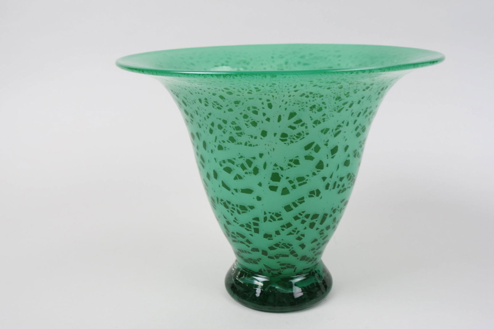 Art Glass Vase,: green with decoration similar to Steuben Citra or Cluthra decor, 7" X 9", unsigned, excellent.