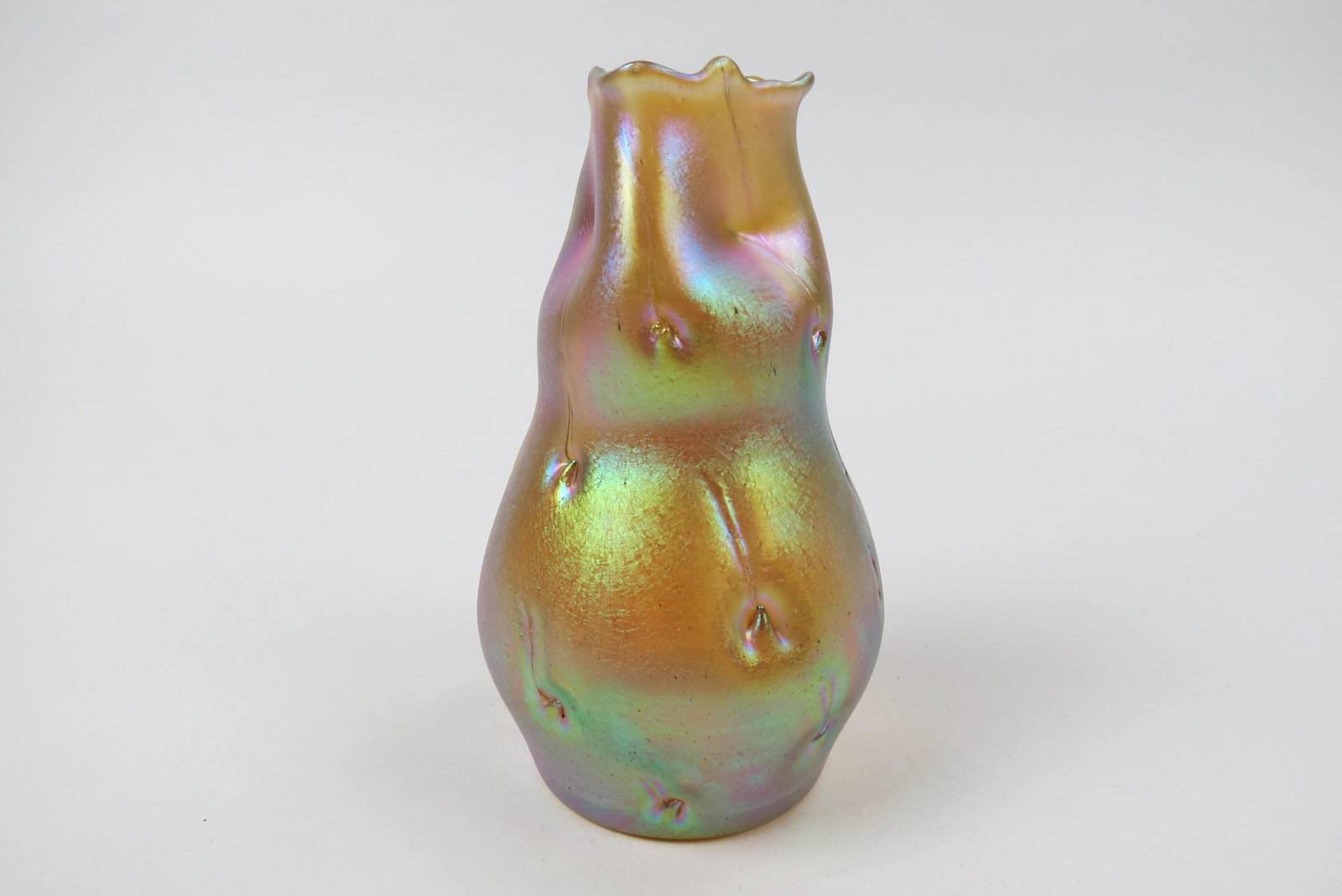 Loetz Art Glass Vase,: iridescent organic form with unusal decorations, green and purple hues, 6", unsigned, excellent.