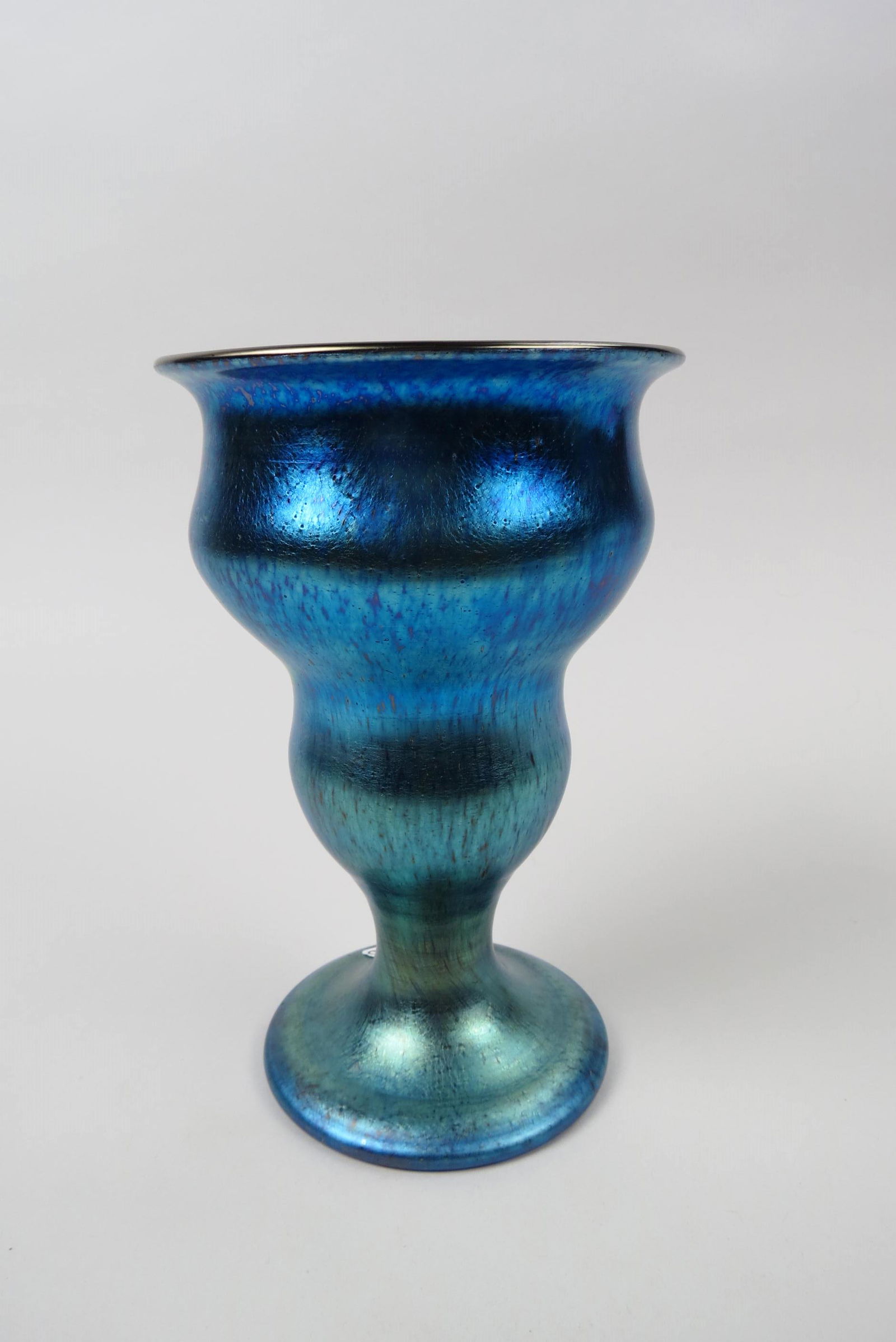 Loetz Art Glass Vase,: iridescent mottled blues, pedestal style base, 9" tall unsigned, excellent.