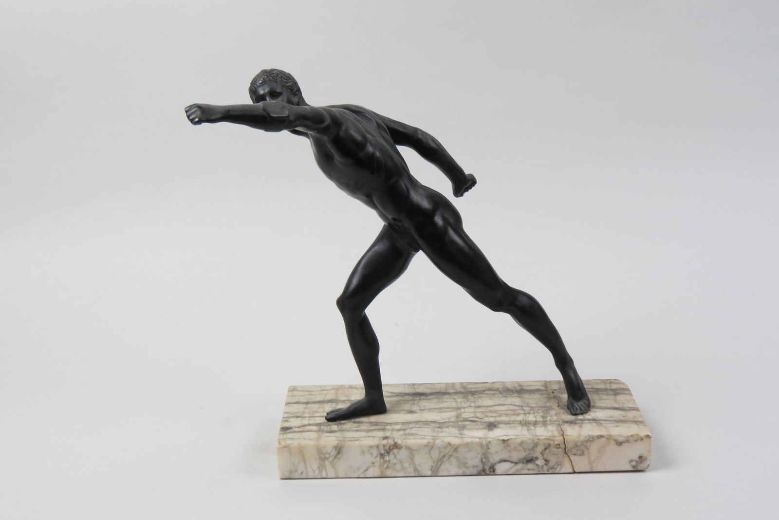 Art Deco Bronze Statue of a Nude Male Athlete,: Borghese Gladiator, marble base, 13" tall, 12 1/2" long, excellent.
