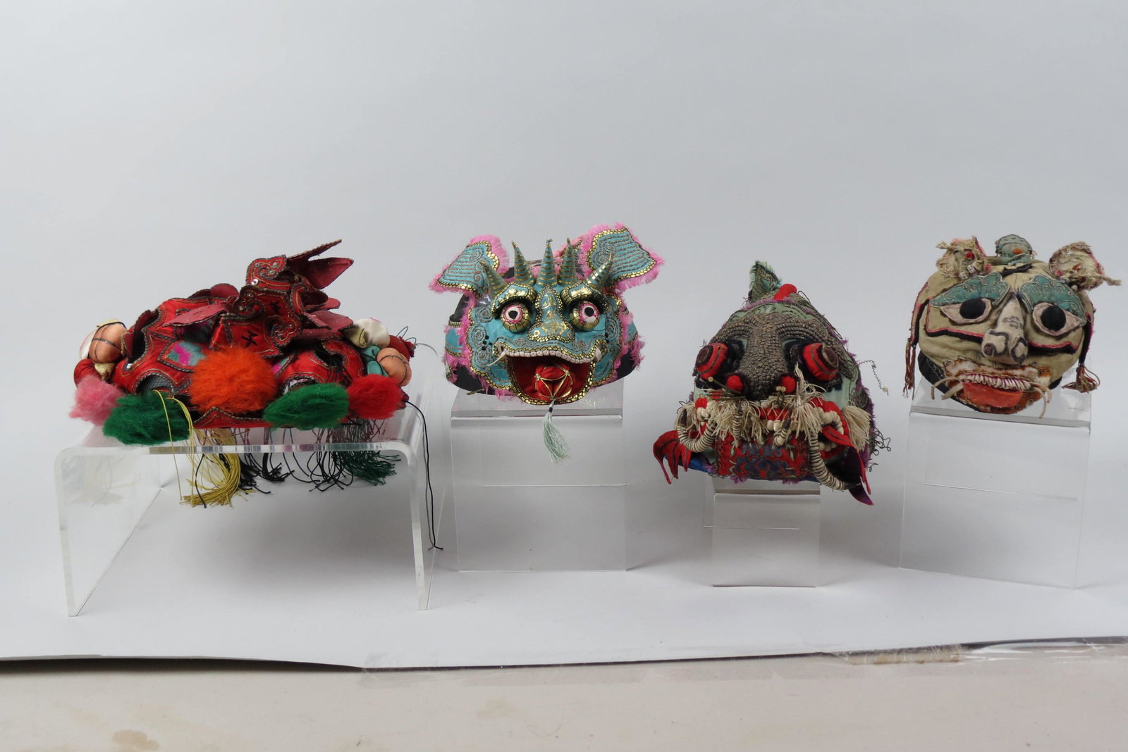 4 Chinese Decorated Silk Ceremonial Hats,: embroidery work and more, 50 to 75 years old, a most interesting lot!