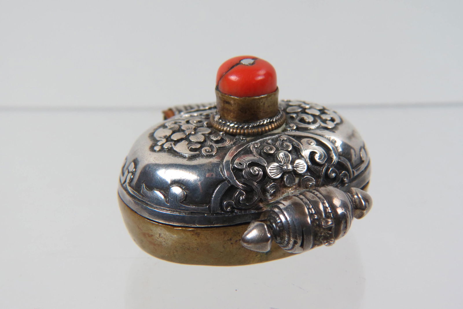 Tibetan Silver, Coral and Brass Gau Amulet Relic Box Pendant (1 of 4)