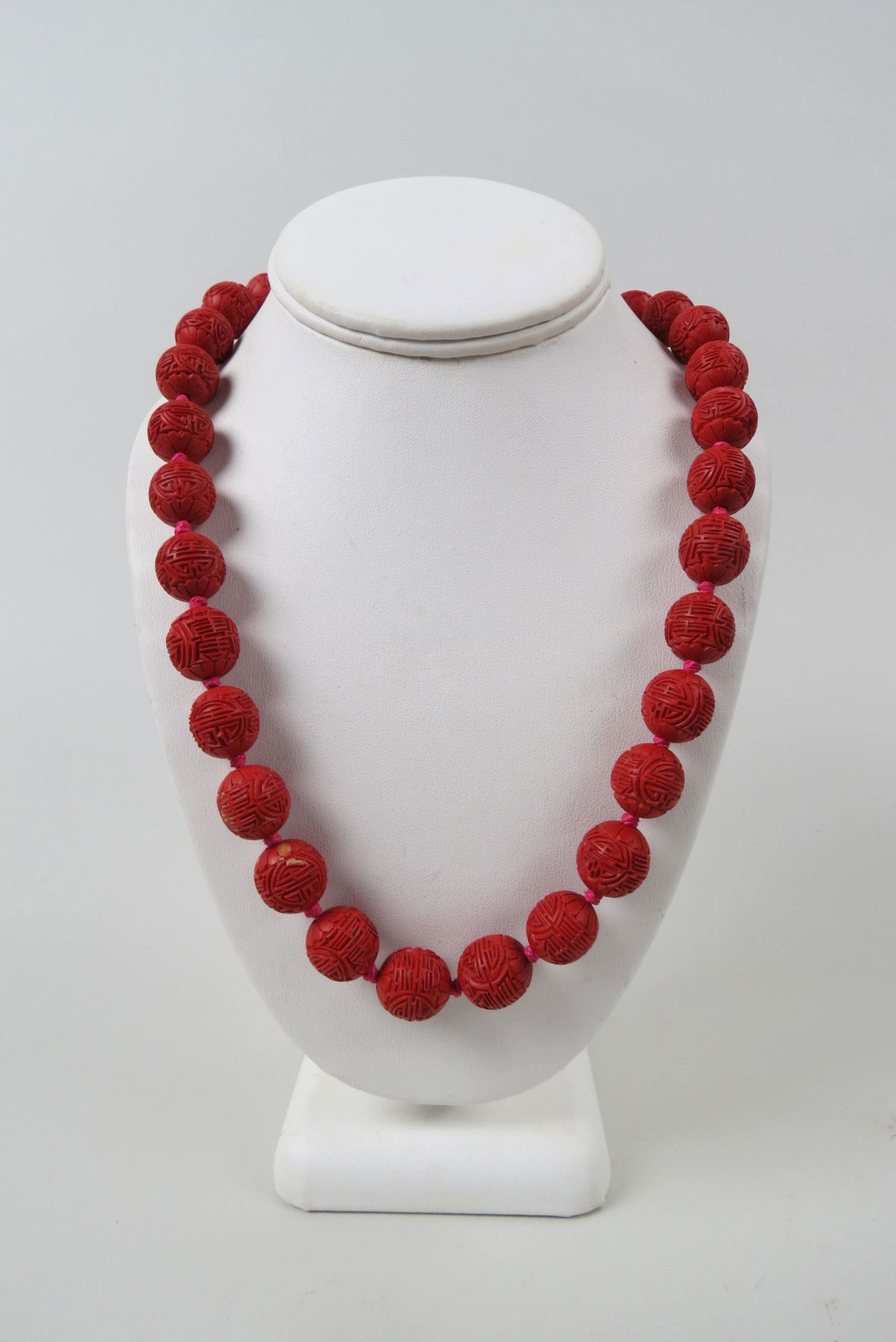 Chinese Cinnabar Shou Longevity Bead Necklace, (1 of 4)