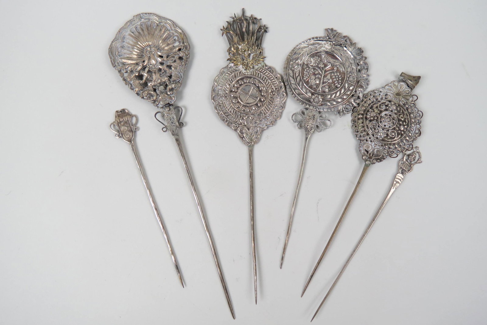 6 Chinese Silver Hair Ornaments or Hairpins,: various designs, 8" to 13" long.