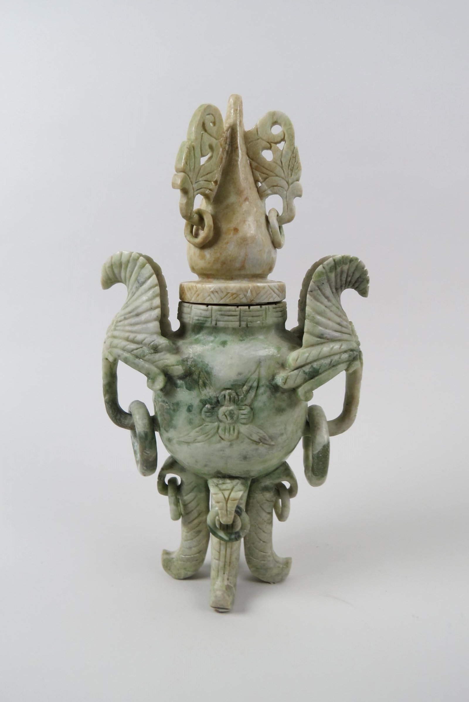 Chinese Carved Jade Censer,: footed base, wing and ring style handles and top, 13".