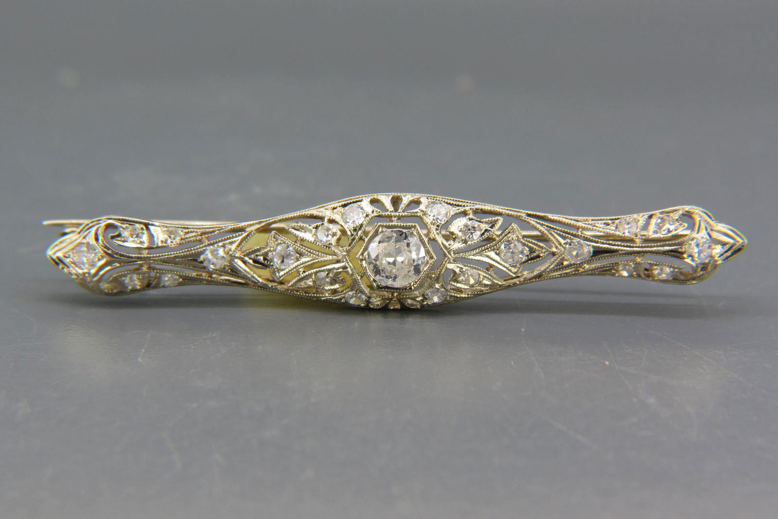 Diamond 14K Gold Antique Bar Pin, (1 of 4)