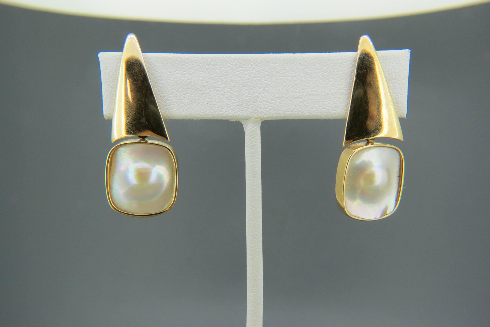 Pearl 14K Gold Earrings,: lustrous raised center Mabe type in yellow gold, dangling, pierced style, 12 grams, 1 1/2" long.