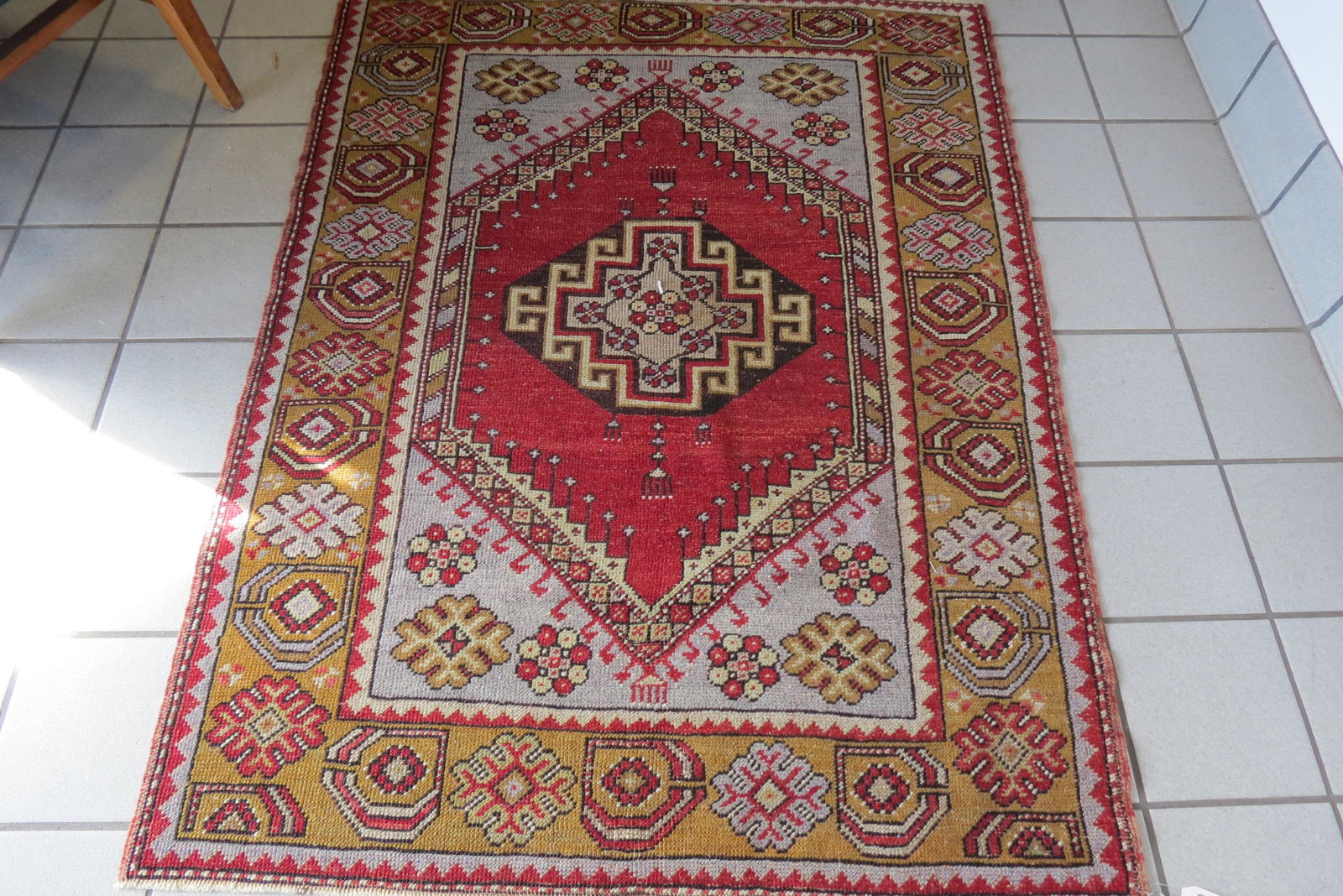 Oushak Turkish Handmade Rug,: geometrics and stylized florals throughout, 3'7" X 4'9".