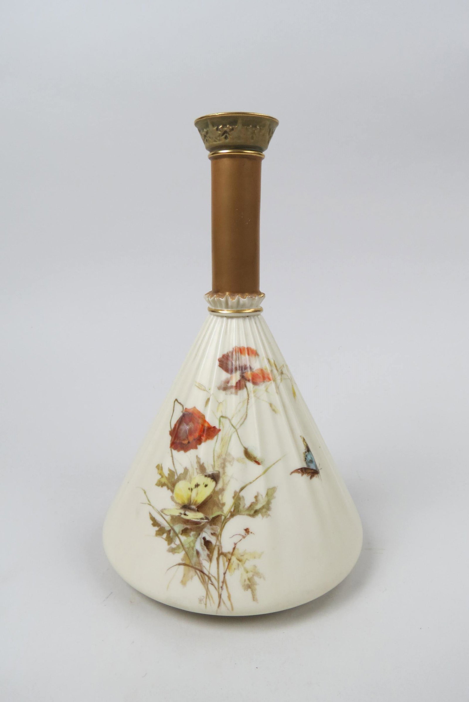 1890 Royal Worcester Porcelain Vase,: butterfly and floral on linenfold style body, column neck, gold trim, 10 1/2", excellent.