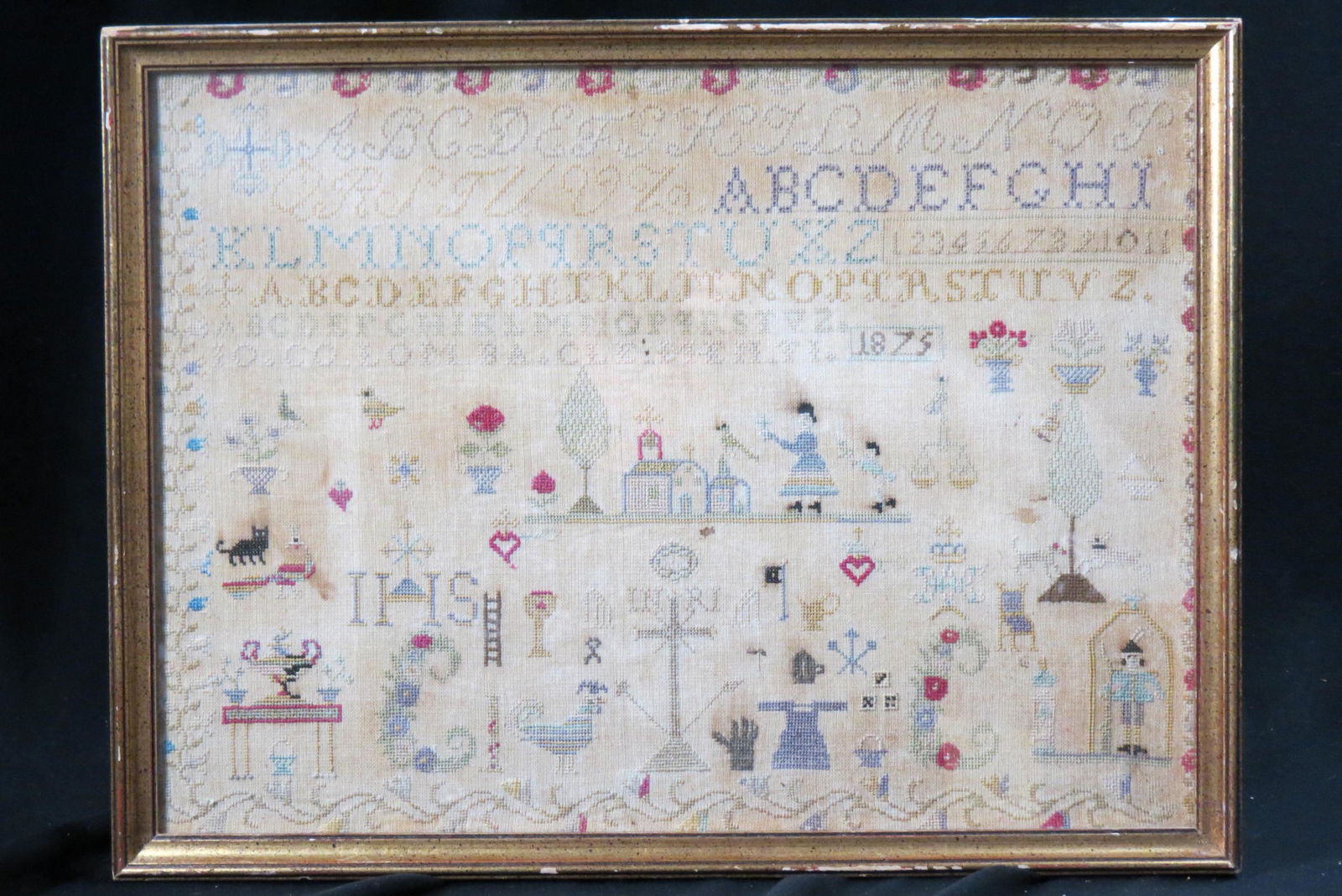 1875 Sampler, pictorial, alphabet and numerical, (1 of 5)