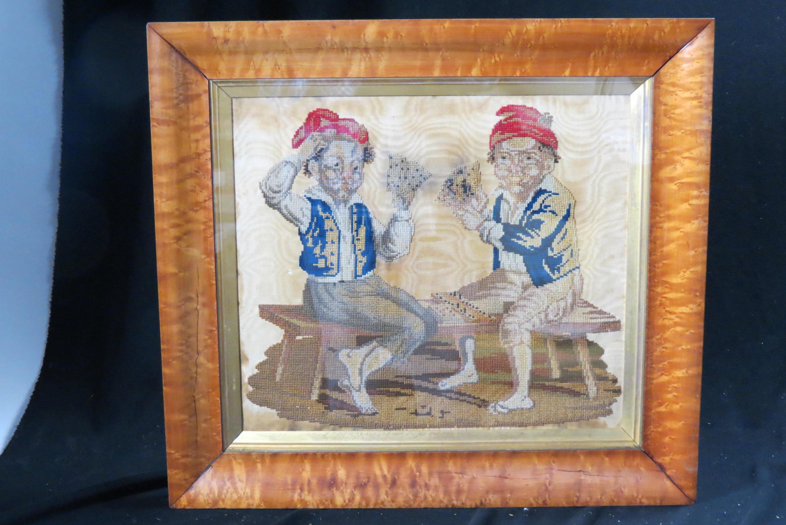 Early 19th Century Needlepoint "Cribbage Players",: on silk, image area 16" X 17" plus frame.