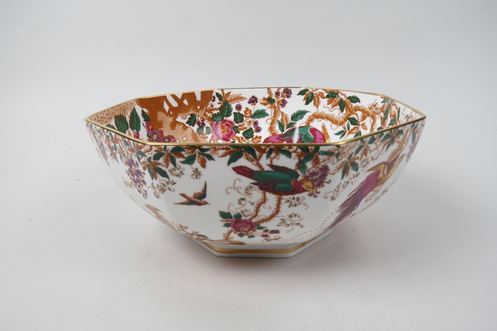 Royal Crown Derby "Olde Avesbury" Centerpiece Bowl: decorated with birds and flowers, octagonal, gold trim, dated 1938, 11 1/4" across, 4 1/2" deep, excellent.