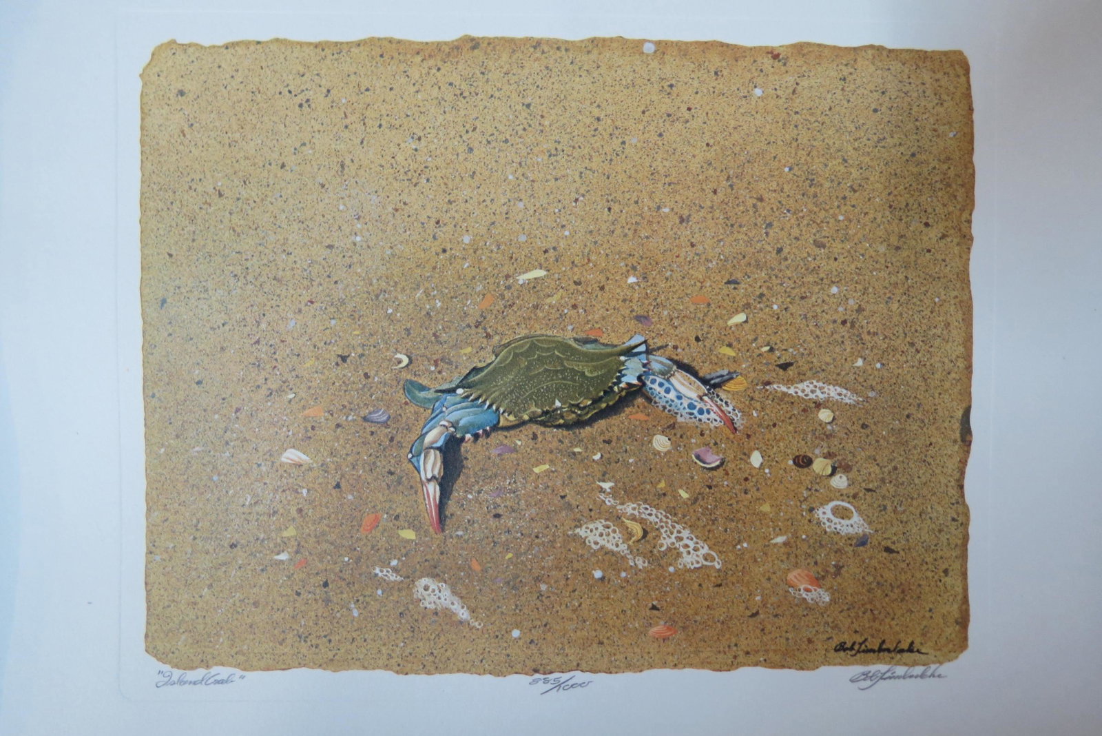 Bob Timberlake "Island Crab' Lithograph & More,: signed and numbered 885/1000 image area 7 1/4" X 9 1/2" in original issue box along with cards decorated with shells and crab, box is 12 1/2" X 14", excellent.