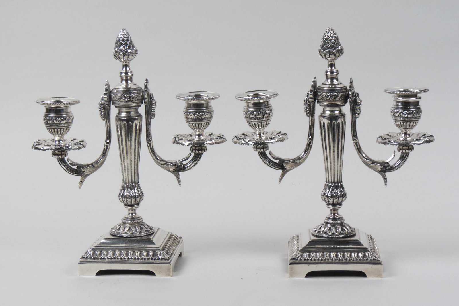 Pair of Silverplate French Candelabra,: double sconce, pineapple finial, pedestal bases, 10" tall, 8" across, excellent.
