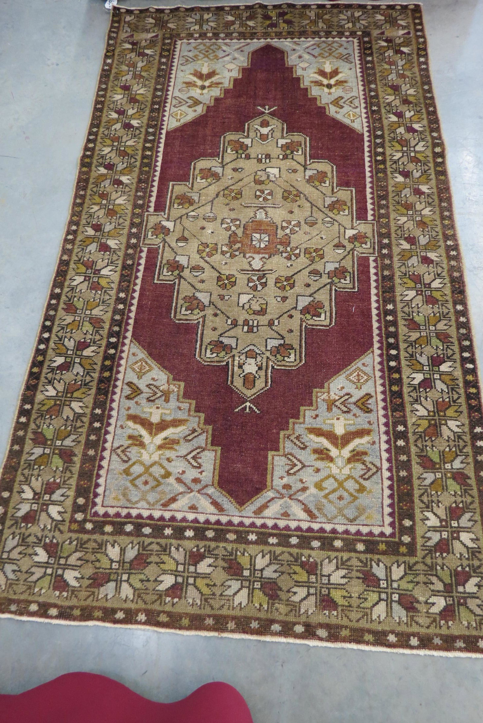 Oushak Turkish Handmade Rug,: center design with stylized floral within, red and brown field, multi-border, earthtones, 3'9" X 6'10".