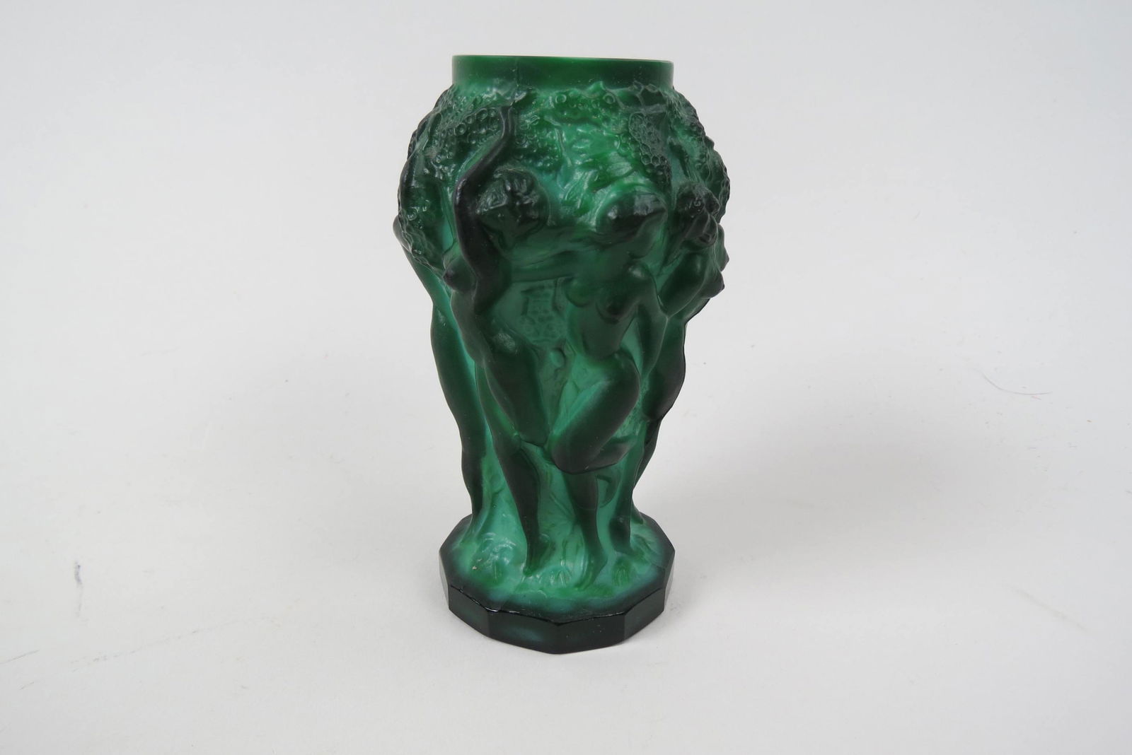 Malachite Art Glass Vase with Nude Females,: frolicking under a grape vine, Bohemian, 5", excellent.