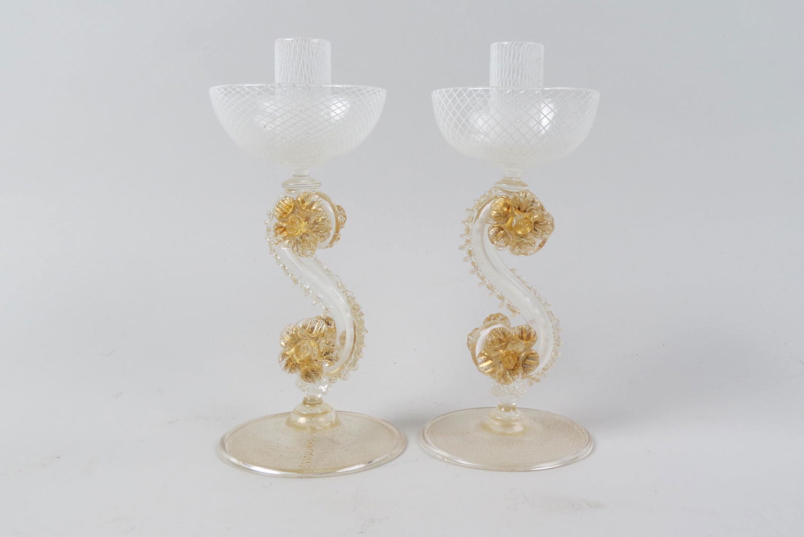 Pair of Venetian Art Glass Candlesticks, Latticino, (1 of 5)