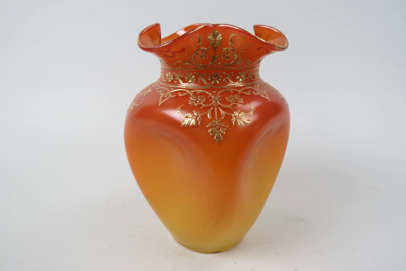 Victorian Art Glass Tangarine Burmese Vase,: gold decorated on pinch form body, 9" tall, excellent.
