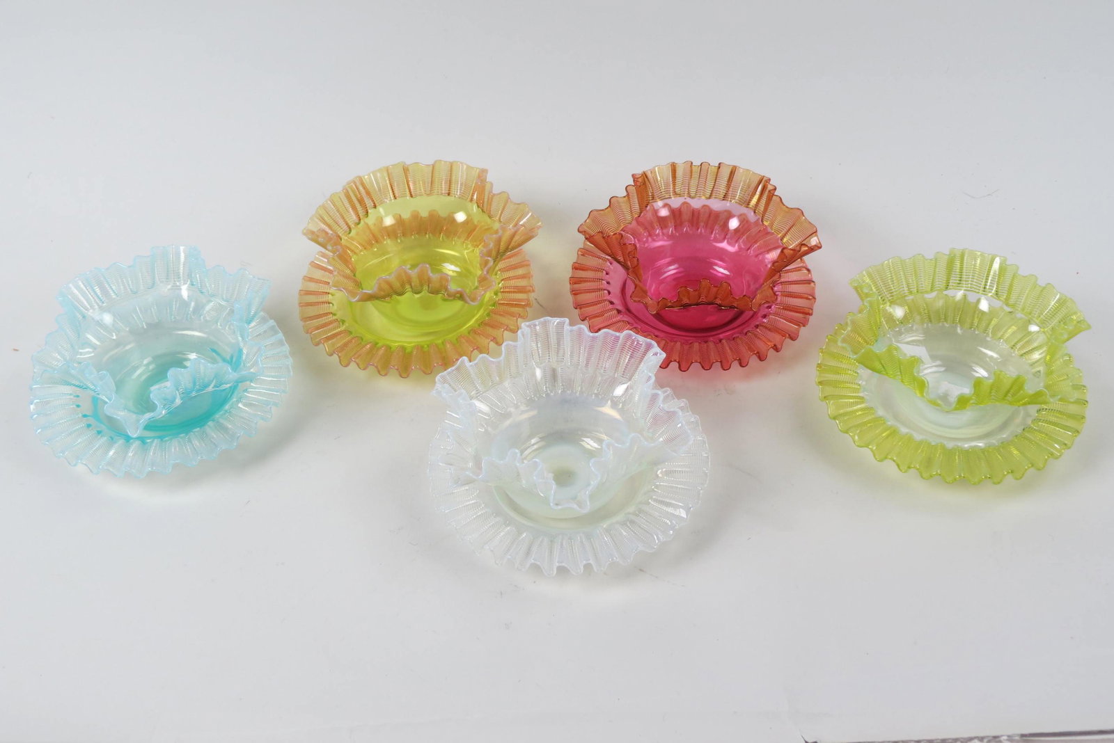 4 Victorian Art Glass Bowls & Underplates,: threaded design on various colors including cranberry, attributed to Stevens & Williams, 6" diamter, excellent.