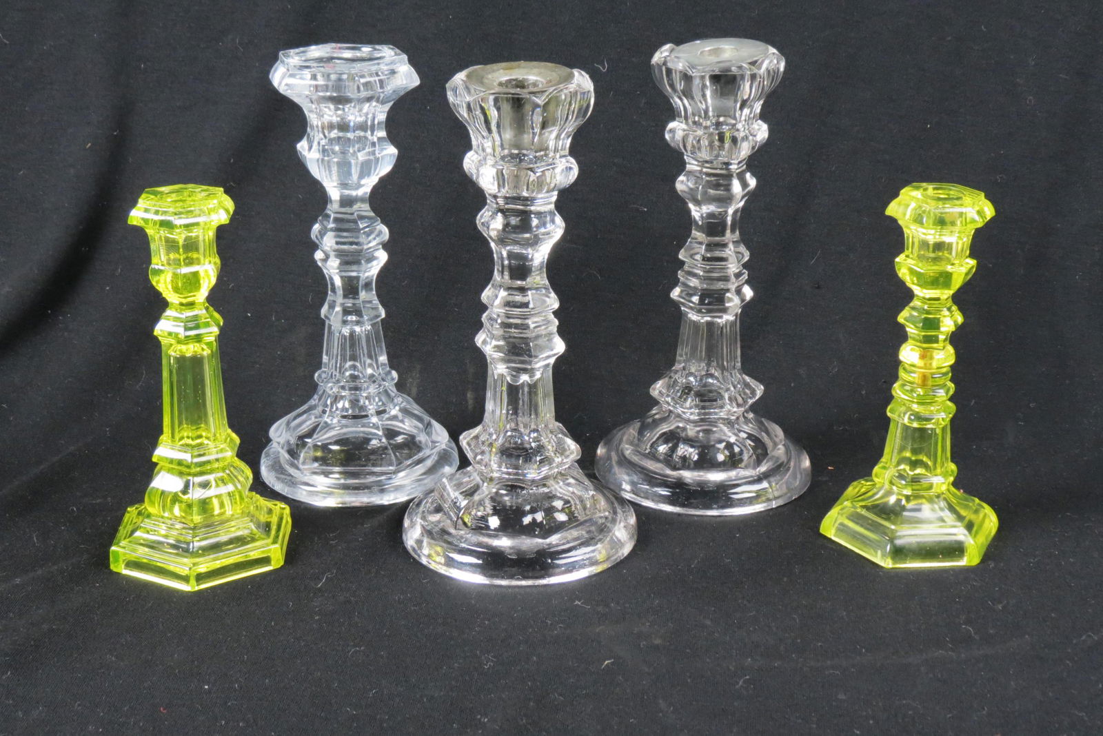 5 Early Glass Candlesticks;  2 Canary Yellow 8", (1 of 3)