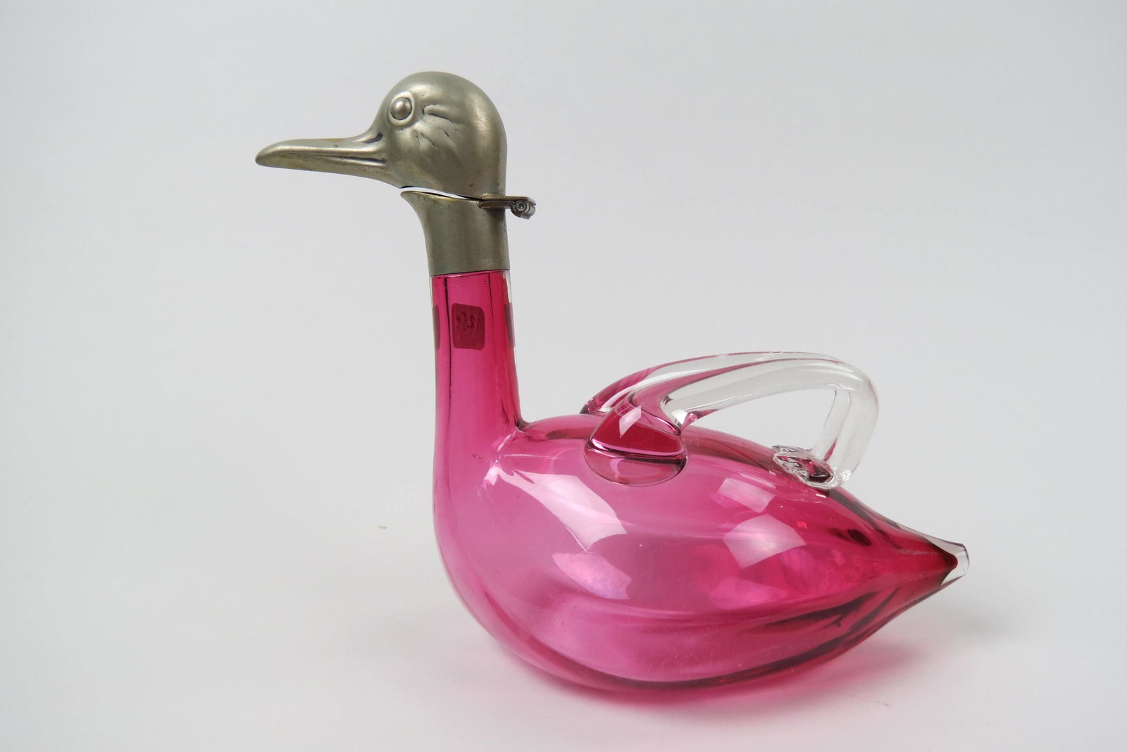Cranberry Glass Figural Duck Decanter,: metalwork figural head spout, 6 1/2", excellent.