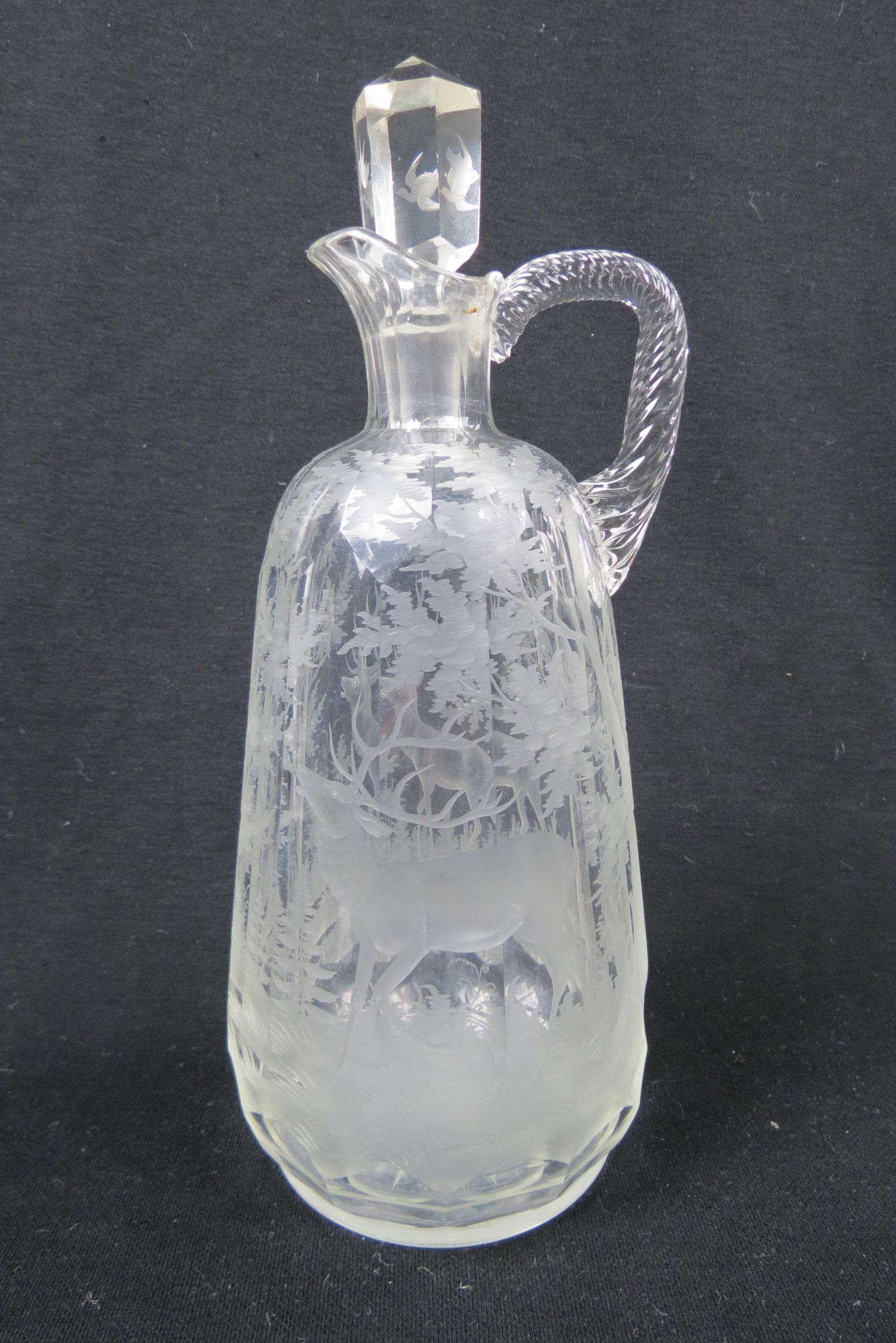 Bohemian Engraved & Cut Glass Decanter,: scene of stags in the forest, panel cut decor, rope design handle, 19th century, 11".