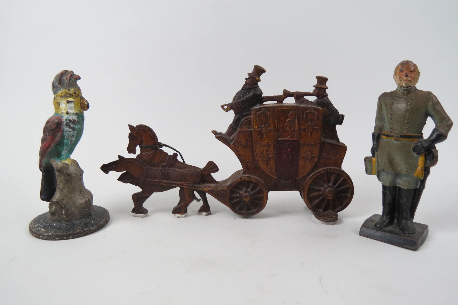 3 Cast Iron Figural Doorstops; parrot, (1 of 4)