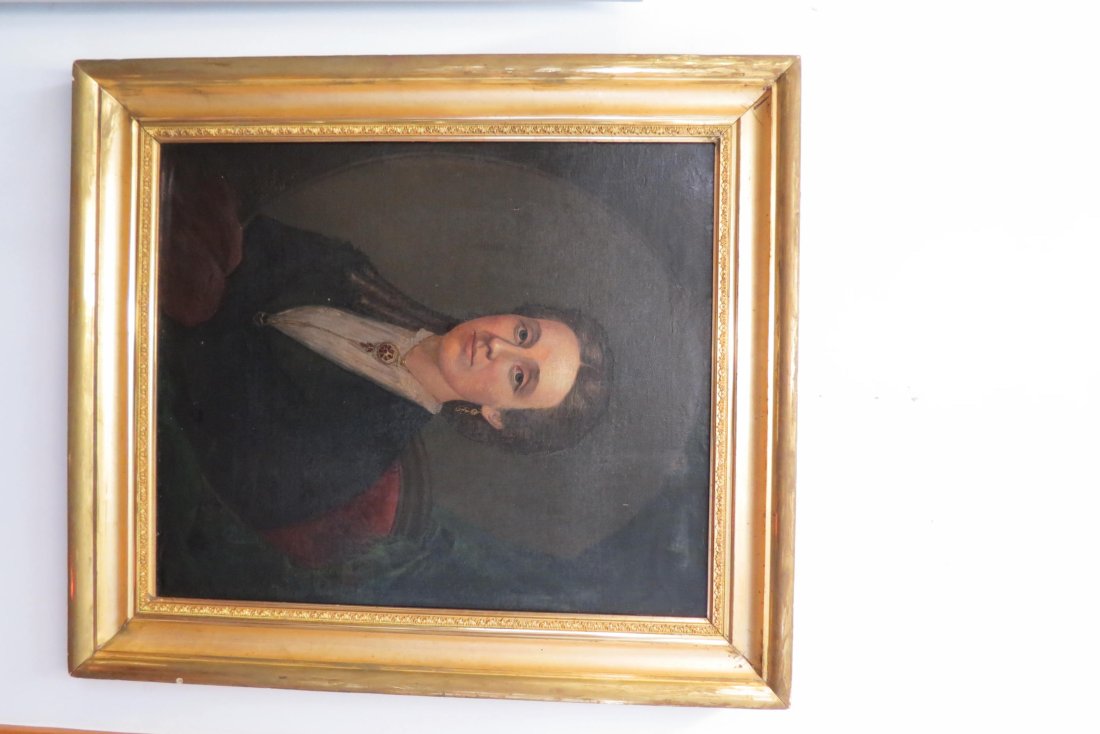 Early 19th Century Portrait of a Young Woman wearing garnet jewelry,: and heart pendant, on canvas, image area 30" X 25" plus frame.