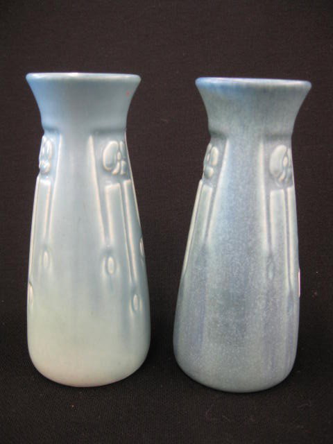 Pair of Rookwood Pottery Vases,: 1921,blue, carved deco design designed by Mary Grace Denzler, 5 3/4" shape #2125, excellent.Rookwood Pottery was founded in 1880 by Marie Longworth Nichols. Rookwood pottery's initial work demonstrate