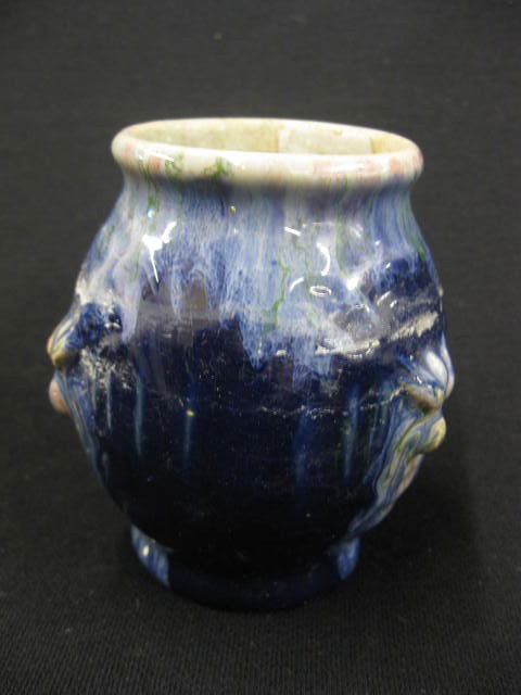 Danish Art Pottery Vase,: raised spider decor on rich blue slip glaze, signed, 3 3/4", excellent, made by Michael Andersen & Sons pottery, MA&S....Denmark has a centuries old tradition for ceramics. Seen in proportion to the p