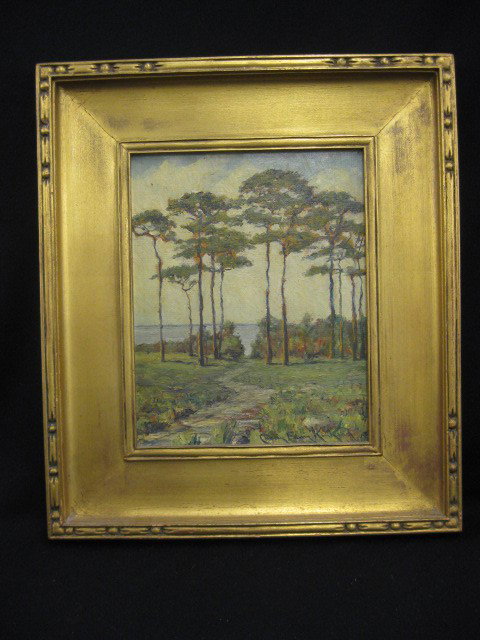 Charles Edwin Kinkaid, Oil, Landscape with: pines, on artist board, well listed artist, image area 8" x 10", in carved gilt frame...There is little known about Charles Kinkead. He lived for part of his life in New Haven, CT and was a member of 