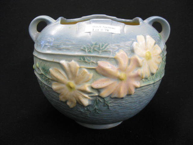 Roseville "Columbine" Art Pottery Vase,: blue, handled, #376-6", excellent.The company was founded by J.F. Weaver in Roseville, Ohio, in 1890. It was incorporated in 1892 with George Young, a former Roseville salesman, as secretary and gener