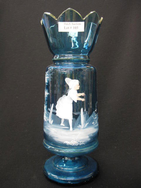 Mary Gregory Art Glass Vase,: white enamel of young girl on rich blue, 10 3/4", circa 1890, excellent.Mary Gregory actually worked for the Boston and Sandwich glass factory from 1880 to 1884 decorating Gone with the Wind style lam