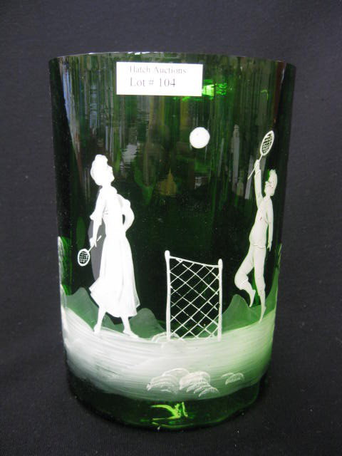 Mary Gregory Art Glass Vase,: scarce scene of badminton, white enamel on emerald green, 7 3/4", circa 1890, excellent. Mary Gregory actually worked for the Boston and Sandwich glass factory from 1880 to 1884 decorating Gone with t