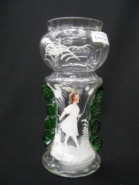 Mary Gregory Art Glass Vase,: scene of young girl with balloon, fancy applied emerald glass trim on clear body, circa 1890, 7", excellent.Mary Gregory actually worked for the Boston and Sandwich glass factory from 1880 to 1884 dec