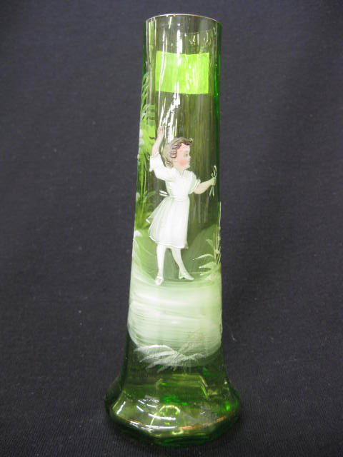 Mary Gregory Art Glass Vase,: scene of girl picking flowers, white enameling on emerald green, circa 1890, 7", excellent.Mary Gregory actually worked for the Boston and Sandwich glass factory from 1880 to 1884 decorating Gone with