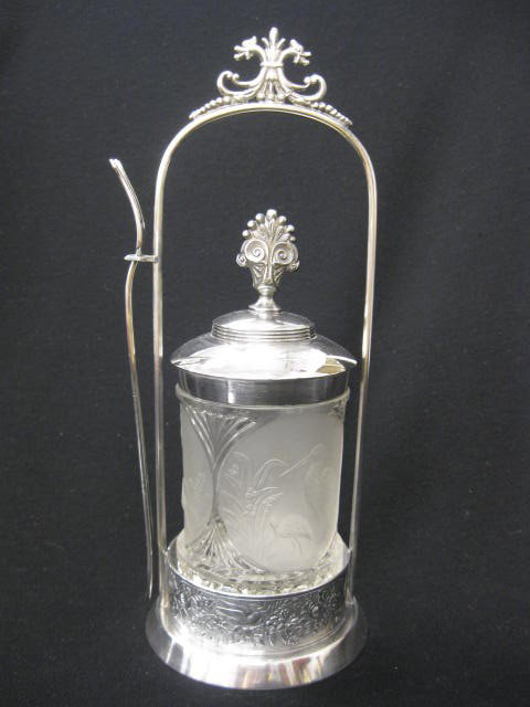 Victorian Silverplate Pickle Castor,: frosted pattern glass insert with heron decor, with long handled pickle fork, 11 1/2".