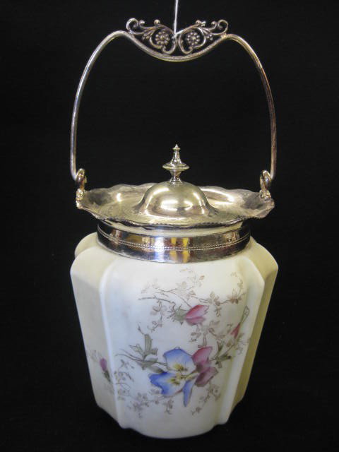 Wavecrest Victorian Art Glass Biscuit Jar,: floral on ribbed body, silverplate top, 8" plus swing handle, circa 1890, unsigned.In 1880 Charles Fabyan Monroe started his own business in Meriden, Connecticut selling imported glass and soon his fi