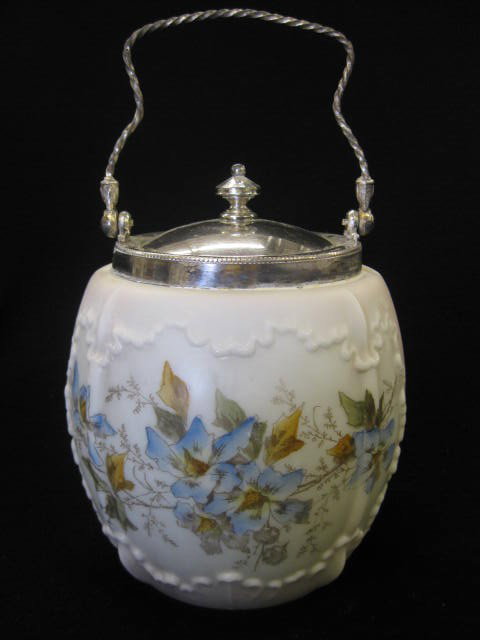 Wavecrest Victorian Art Glass Biscuit Jar,: floral decor, silverplate top, 8" plus swing handle, circa 1890, unsigned.In 1880 Charles Fabyan Monroe started his own business in Meriden, Connecticut selling imported glass and soon his first shop 