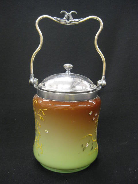 Victorian Art Glass Biscuit Jar,: rubina-verde style brown to green, enameled floral, silverplate top, 7" plus swing handle, circa 1890.