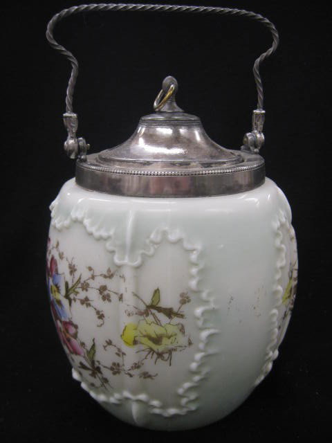 Wavecrest Victorian Art Glass Biscuit Jar,: floral decor, silverplate top, 8 1/2" plus swing handle, circa 1890, unsigned.In 1880 Charles Fabyan Monroe started his own business in Meriden, Connecticut selling imported glass and soon his first s