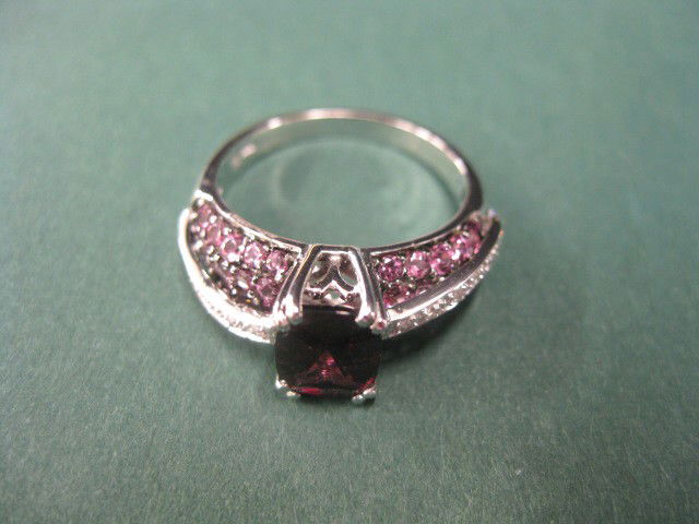 Garnet & Diamond Ring, 2 carat emerald cut: rhodolite gem with smaller gems and diamonds on each side, great color, 10k white gold, 4.5 grams