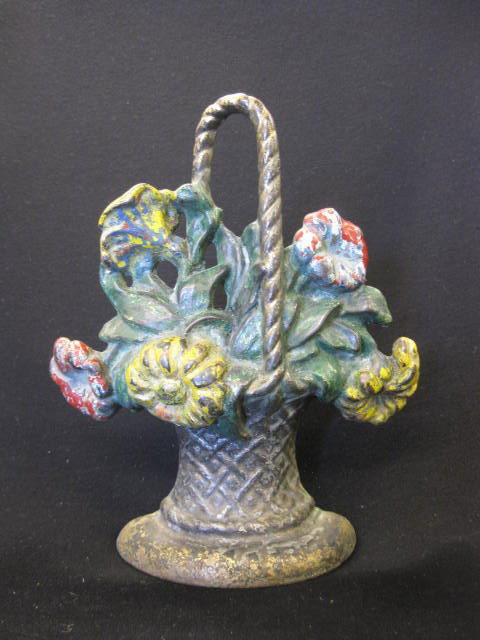 Basket of Flowers Cast Iron Figural Doorstop,: 9 1/2".